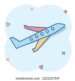 Plane icon in comic style. Airplane cartoon vector illustration on white isolated background. Flight airliner splash effect business concept.