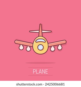 Plane icon in comic style. Airplane cartoon vector illustration on isolated background. Flight airliner splash effect business concept.