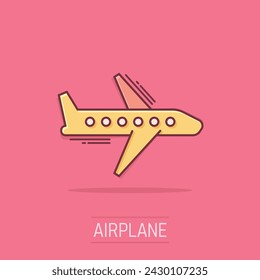 Plane icon in comic style. Airplane cartoon vector illustration on isolated background. Flight airliner splash effect business concept.