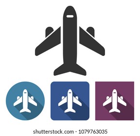 Plane icon in different variants with long shadow