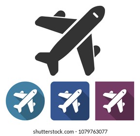 Plane icon in different variants with long shadow