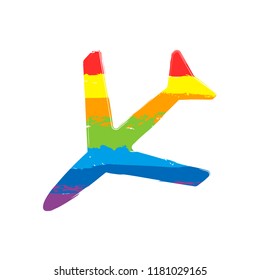 Plane icon. Drawing sign with LGBT style, seven colors of rainbow (red, orange, yellow, green, blue, indigo, violet