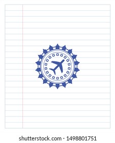 plane icon emblem draw with pen effect. Blue ink. Vector Illustration. Detailed.
