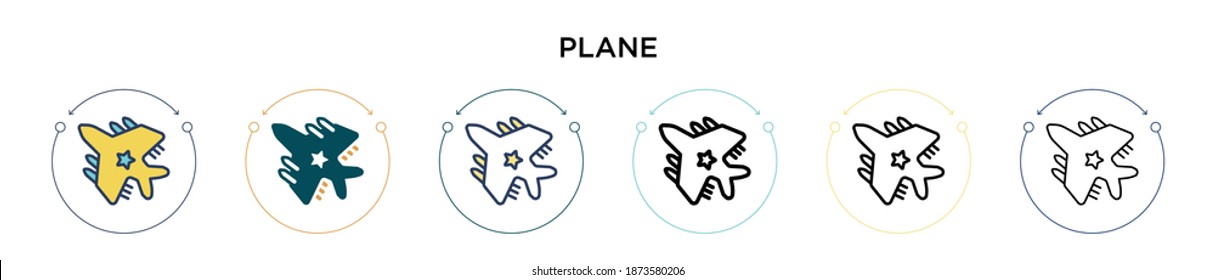 Icono de plano en el estilo relleno, delgado, contorno y trazo. Ilustración vectorial de dos diseños de iconos de los vectores de plano negro y de color para móviles, ui, web