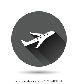 Plane icon in flat style. Airplane vector illustration on black round background with long shadow effect. Flight airliner circle button business concept.