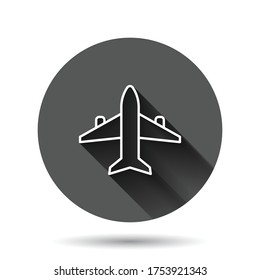 Plane icon in flat style. Airplane vector illustration on black round background with long shadow effect. Flight airliner circle button business concept.