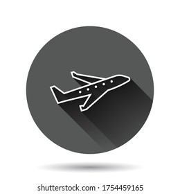 Plane icon in flat style. Airplane vector illustration on black round background with long shadow effect. Flight airliner circle button business concept.