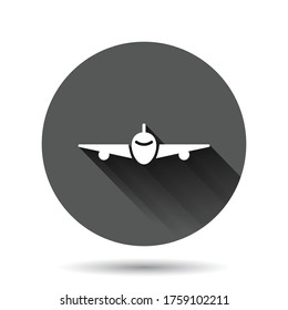 Plane icon in flat style. Airplane vector illustration on black round background with long shadow effect. Flight airliner circle button business concept.