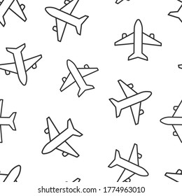 Plane icon in flat style. Airplane vector illustration on white isolated background. Flight airliner seamless pattern business concept.
