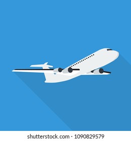 plane icon in flat style with long shadow, isolated vector illustration on blue transparent background