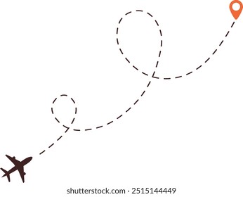 Plane icon with flight path and location mark. Curved dashed line. Concept of journey, travel or trip