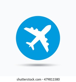 Plane icon. Flight transport symbol. Blue circle button with flat web icon. Vector