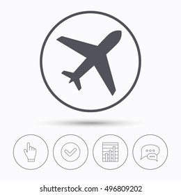 Plane icon. Flight transport symbol. Chat speech bubbles. Check tick, report chart and hand click. Linear icons. Vector