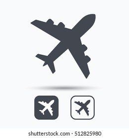 Plane icon. Flight transport symbol. Square buttons with flat web icon on white background. Vector