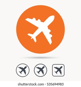 Plane icon. Flight transport symbol. Orange circle button with web icon. Star and square design. Vector