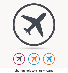 Plane icon. Flight transport symbol. Colored circle buttons with flat web icon. Vector