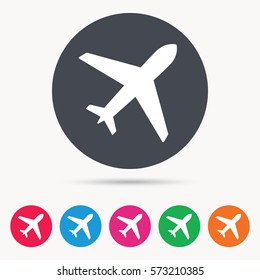 Plane icon. Flight transport symbol. Colored circle buttons with flat web icon. Vector