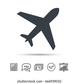Plane icon. Flight transport symbol. Chat speech bubble, chart and presentation signs. Contacts and tick web icons. Vector