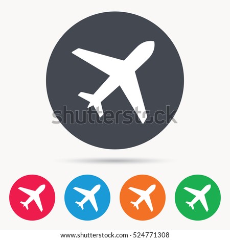 Plane icon. Flight transport symbol. Colored circle buttons with flat web icon. Vector