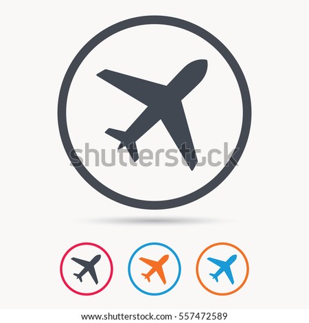 Plane icon. Flight transport symbol. Colored circle buttons with flat web icon. Vector