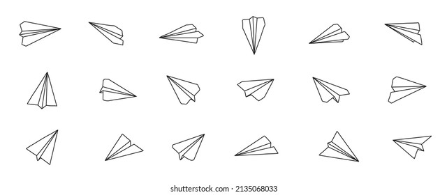 Icono de plano con conjunto de vector de la ruta de la mosca. Avión de papel con estilo dibujado a mano. Esbozar aviones de papel.  Mensaje Doodle, sms, símbolos de correo electrónico. Ilustración de la letra de la letra. 