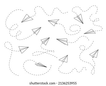 Icono de plano con conjunto de vector de la ruta de la mosca. Avión de papel con estilo dibujado a mano. Esbozar aviones de papel.  Mensaje Doodle, sms, símbolos de correo electrónico. Ilustración de la letra de la letra. 