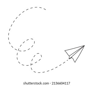 Plane icon with fly rout vector. Paper airplane in hand drawn style. Outline paper aircraft.  Doodle message, sms, e-mail symbols. Letter dilivery illustration. 