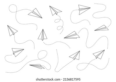 Plane icon with fly rout vector set. Paper airplane in hand drawn style. Outline paper aircrafts.  Doodle message, sms, e-mail symbols. Letter dilivery illustration. 