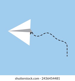 Plane icon with fly rout vector. Paper airplane in hand drawn style. Outline paper aircraft. Doodle message, email symbols. Letter delivery illustration, eps10 on sky background