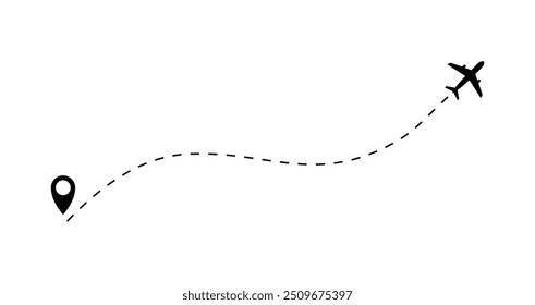 The plane icon follow from start pin point to finish by dashed line. Airplane dashed line path flat style design isolated on white background. Airplane route trace flight air map. Vector illustration