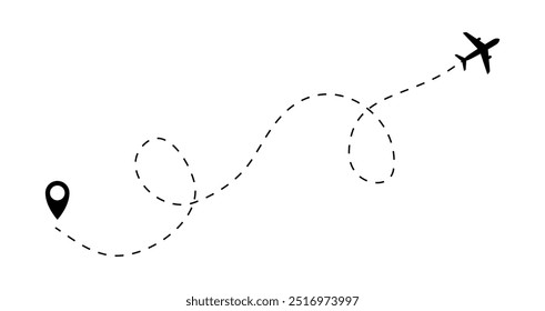 O ícone de plano segue do ponto inicial do pino até o final pela linha tracejada. Projeto de estilo plano de trajeto de linha tracejada do avião isolado no fundo branco. Mapa de voo de rastreamento de rota de avião. Ilustração vetorial