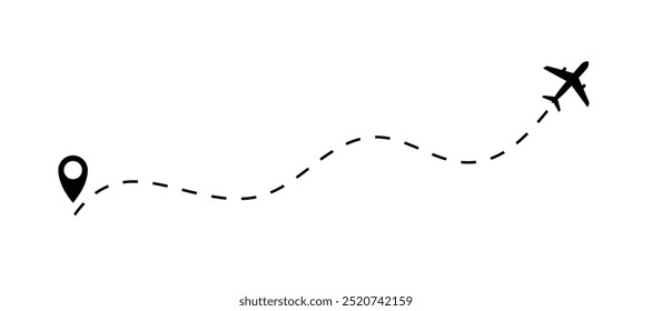 O ícone de plano segue do ponto inicial do pino até o final pela linha tracejada. Projeto de estilo plano de trajeto de linha tracejada do avião isolado no fundo branco. Mapa de voo de rastreamento de rota de avião. Ilustração vetorial