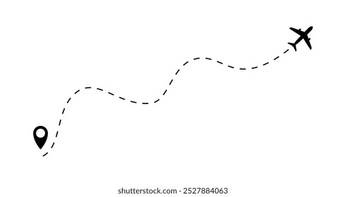 O ícone de plano segue do ponto inicial do pino até o final pela linha tracejada. Projeto de estilo plano de trajeto de linha tracejada do avião isolado no fundo branco. Mapa de voo de rastreamento de rota de avião. Ilustração vetorial