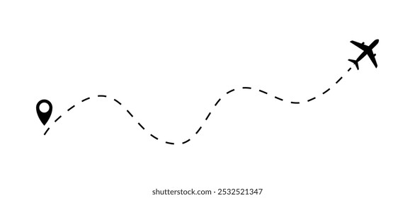 O ícone de plano segue do ponto inicial do pino até o final pela linha tracejada. Projeto de estilo plano de trajeto de linha tracejada do avião isolado no fundo branco. Mapa de voo de rastreamento de rota de avião. Ilustração vetorial