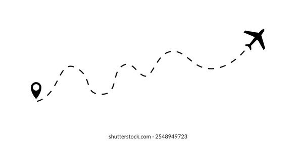 O ícone de plano segue do ponto inicial do pino até o final pela linha tracejada. Projeto de estilo plano de trajeto de linha tracejada do avião isolado no fundo branco. Mapa de voo de rastreamento de rota de avião. Ilustração vetorial