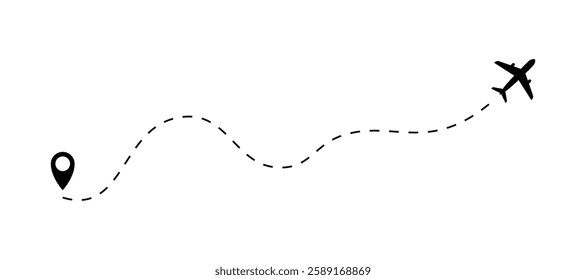 The plane icon follow from start pin point to finish by dashed line. Airplane dashed line path flat style design isolated on white background. Airplane route trace flight air map. Vector illustration