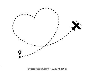 Plane icon with heart shaped dotted path line