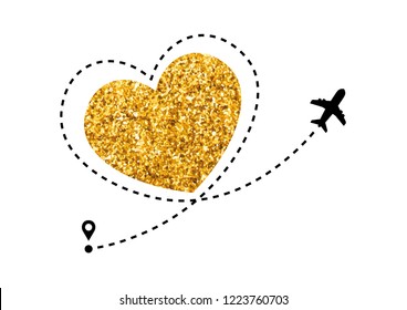 Plane Icon With Heart Shaped Dotted Path Line And Golden Glitter Heart