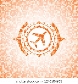 plane icon inside abstract emblem, orange mosaic background