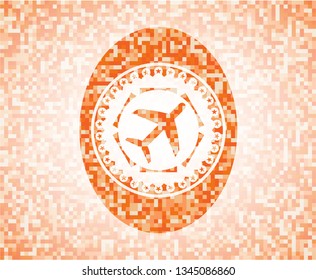plane icon inside abstract emblem, orange mosaic background