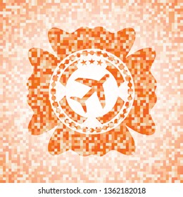 plane icon inside abstract emblem, orange mosaic background