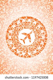 plane icon inside abstract orange mosaic emblem