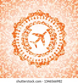 plane icon inside abstract orange mosaic emblem with background