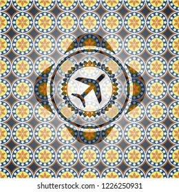 plane icon inside arabesque emblem background. arabic decoration.