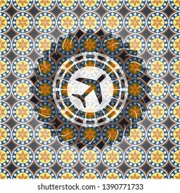 plane icon inside arabesque emblem background. arabic decoration.