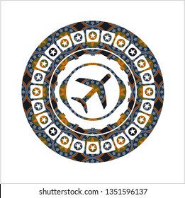 plane icon inside arabesque style emblem. arabic decoration.