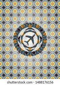 plane icon inside arabesque style badge. arabic decoration.