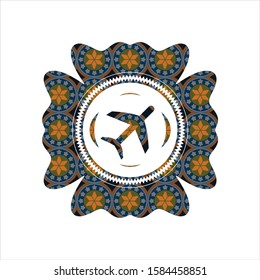 plane icon inside arabesque style emblem. arabic decoration.