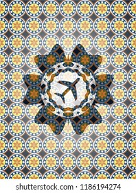plane icon inside arabic badge background. Arabesque decoration.