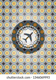 plane icon inside arabic badge background. Arabesque decoration.
